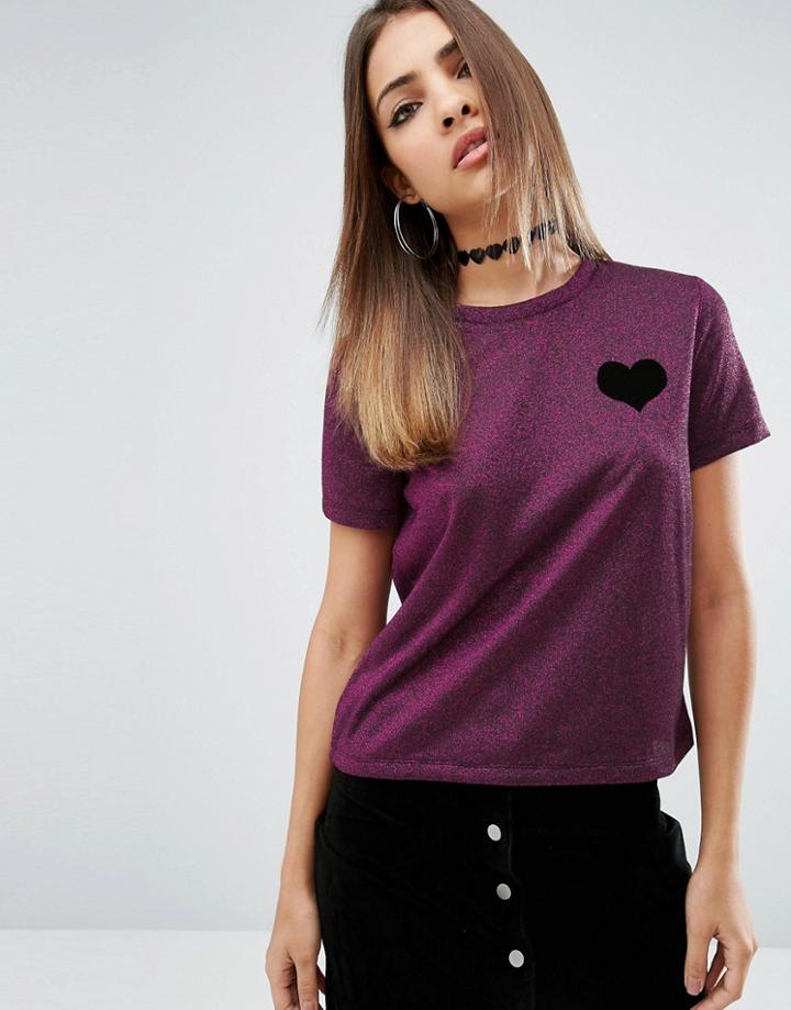 Asos T-shirt In Sparkle Fabric With Heart Motif - Pink