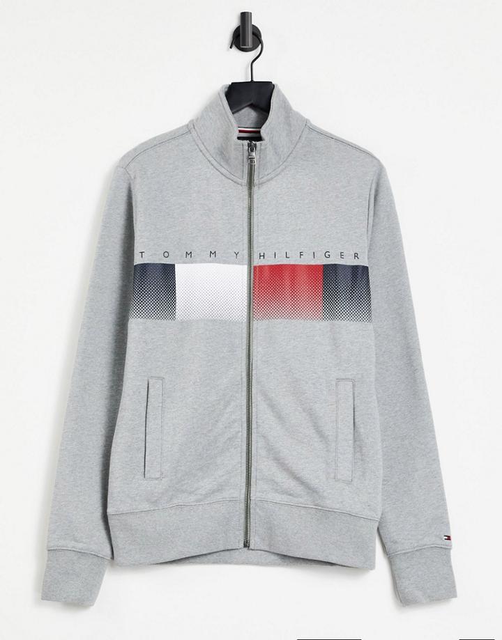 Tommy Hilfiger Chest Stripe Logo Zip Through Sweatshirt In Light Gray-grey