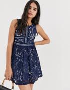Qed London Lace Skater Mini Dress In Navy - Navy