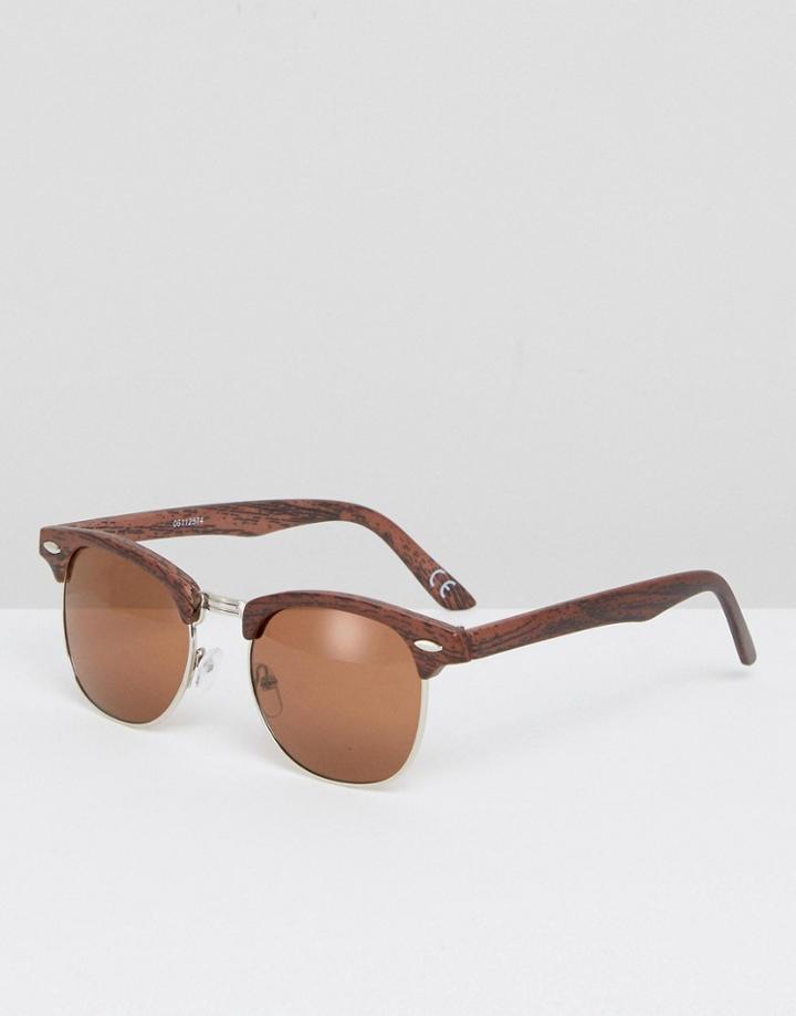 Asos Retro Sunglasses In Silver With Wood Effect - Silver