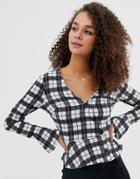 Miss Selfridge Wrap Blouse With Button Front In Check - Navy