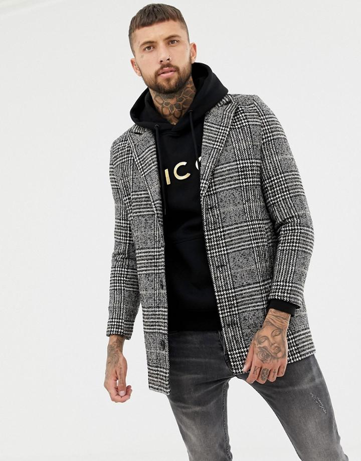 Boohooman Overcoat In Gray Check - Gray