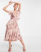 Asos Design Ruffle Detail Midi Dress In Floral And Metallic Dot Mixed Print-multi