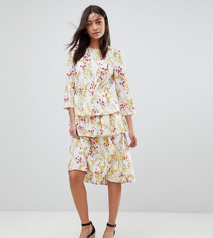 Vero Moda Tall Floral Midi Dress With Peplum Hem - Multi