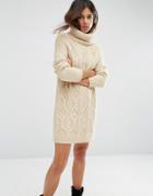 Asos Sweater Dress In Cable Stitch With Roll Neck - Cream