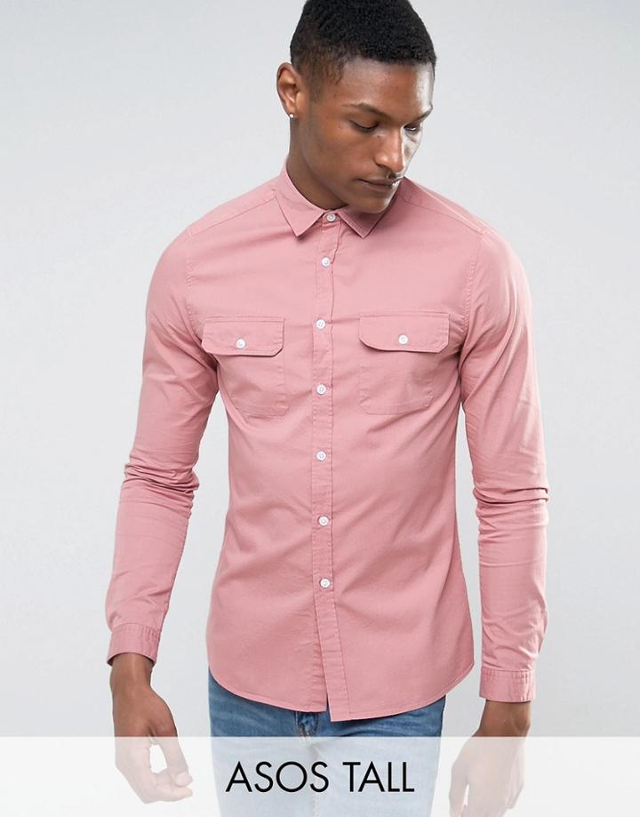 Asos Tall Slim Double Pocket Shirt In Rose - Pink