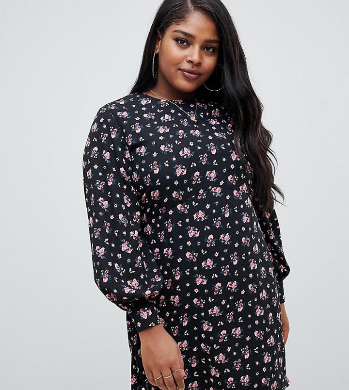 Fashion Union Plus Tea Dress In Dark Floral-black