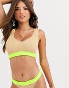 Asos Design Fuller Bust V Front Crinkle Crop Bikini Top With Neutral Contrast Dd-f-multi
