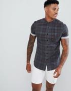 Asos Design Skinny Denim Check Shirt In Gray With Grandad Collar - Gray