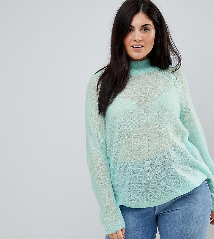 Asos Curve Sweater In Sheer Knit With Funnel Neck - Blue