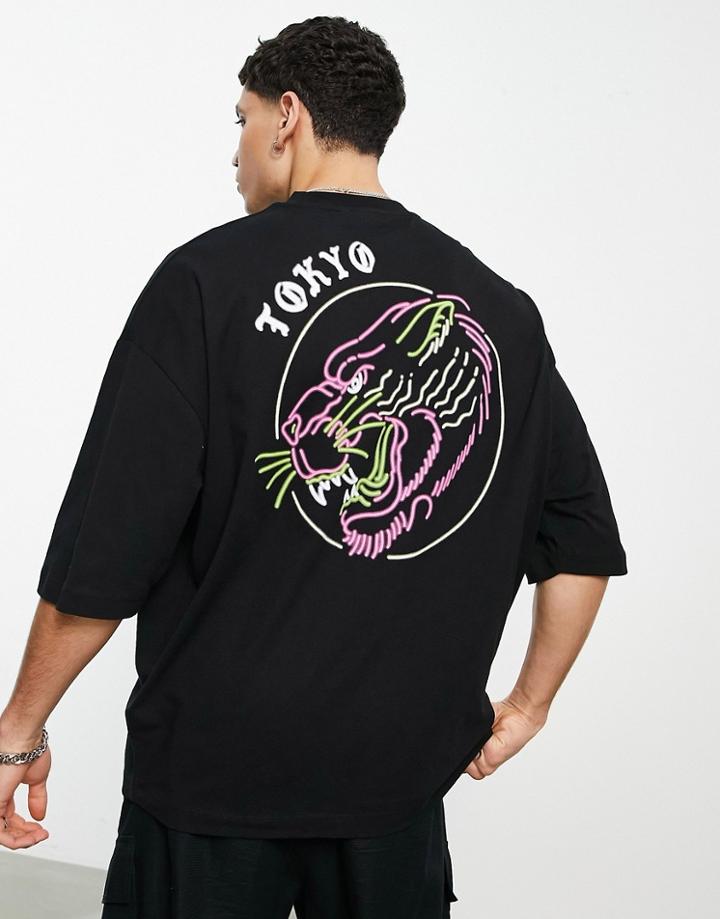Asos Design Oversized T-shirt In Black With Tiger Back Print