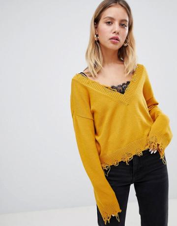 Wild Honey Sweater With Frayed Hem - Yellow