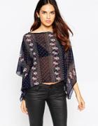Ax Paris Batwing Blouse In Paisley - Navy