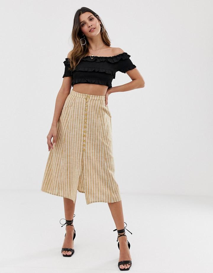 Asos Design Midi Skirt With Button Front In Cream Stripe - Multi