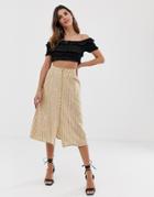 Asos Design Midi Skirt With Button Front In Cream Stripe - Multi