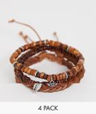 Asos Design Leather And Beaded Bracelet Pack With Feather And Coin Charms - Brown
