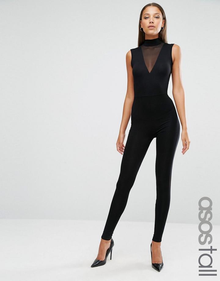 Asos Tall Jersey Jumpsuit With High Neck And Mesh V Inserts - Black