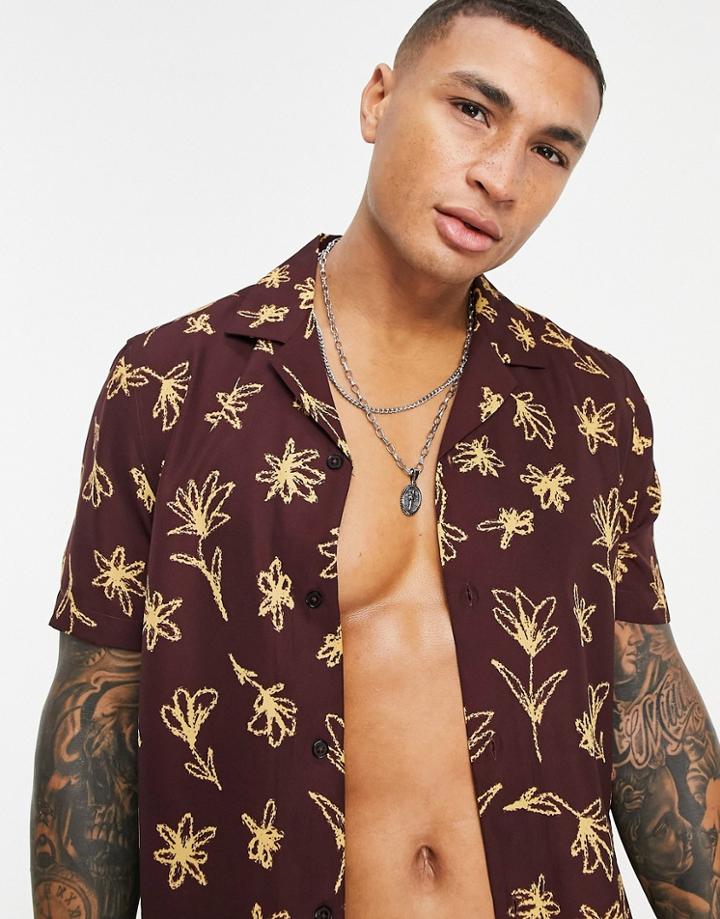 Asos Design Regular Fit Shirt In Burgundy Scribble Floral-red