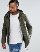 Pull & Bear Quilted Jacket With Hood In Khaki - Green