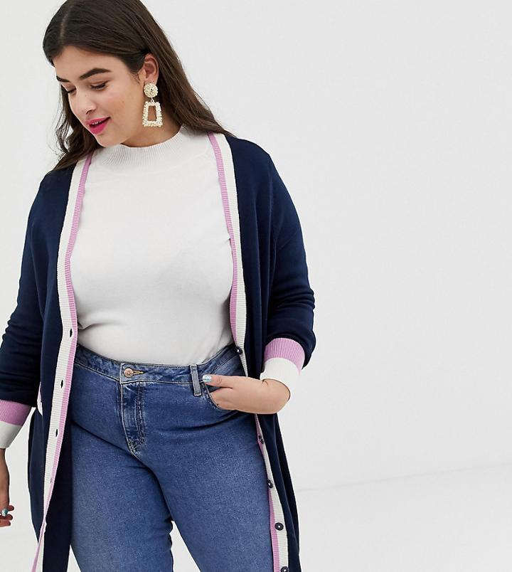 Junarose Tipped Button Through Cardigan - Navy