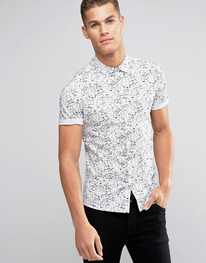 Asos Skinny Shirt In Doodle Print With Short Sleeves - White