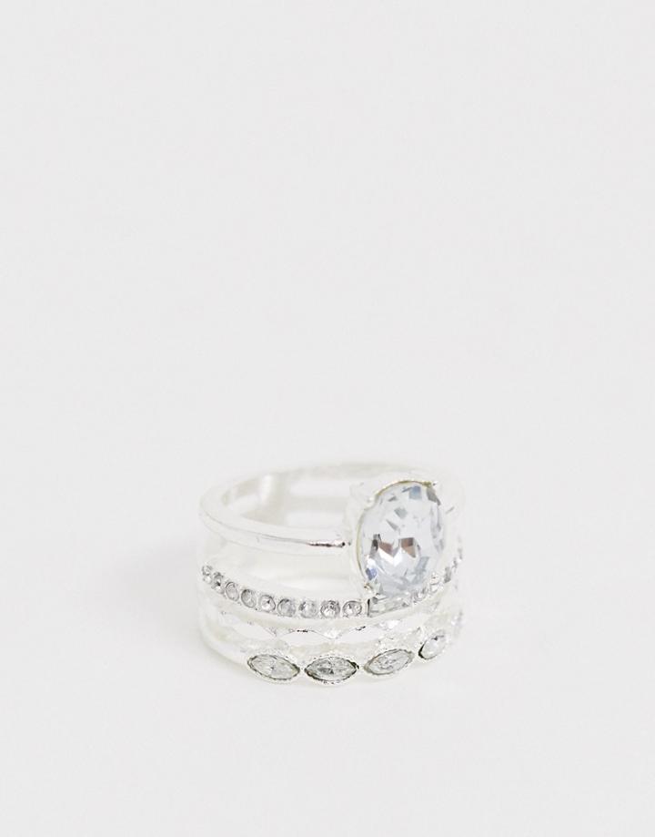 Asos Design Stacked Ring With Crystal Stones In Silver Tone - Silver