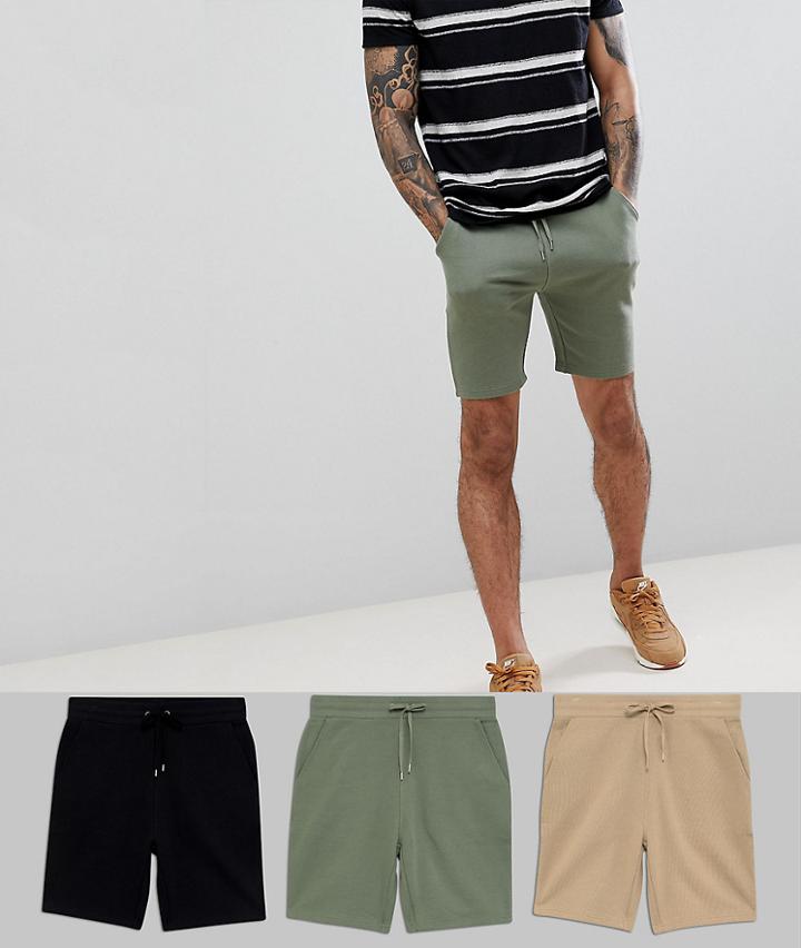 Asos Design Jersey Skinny Shorts 3 Pack Black/green And Beige - Multi