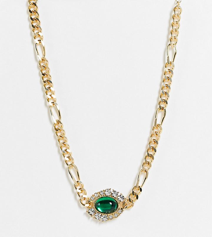 Reclaimed Vintage Inspired Statement Necklace With Chunky Chain And Emerald Stone In Gold