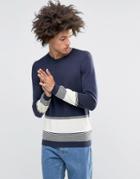 Asos Merino Mix Sweater With Stripe - Navy