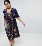 Asos Design Curve Premium Embroidered Ruffle Wrap Dress - Navy