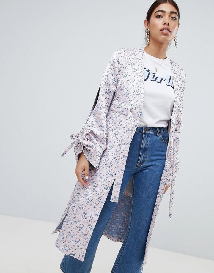 Lost Ink Kimono Jacket With Split Sleeves In Jacquard - Pink