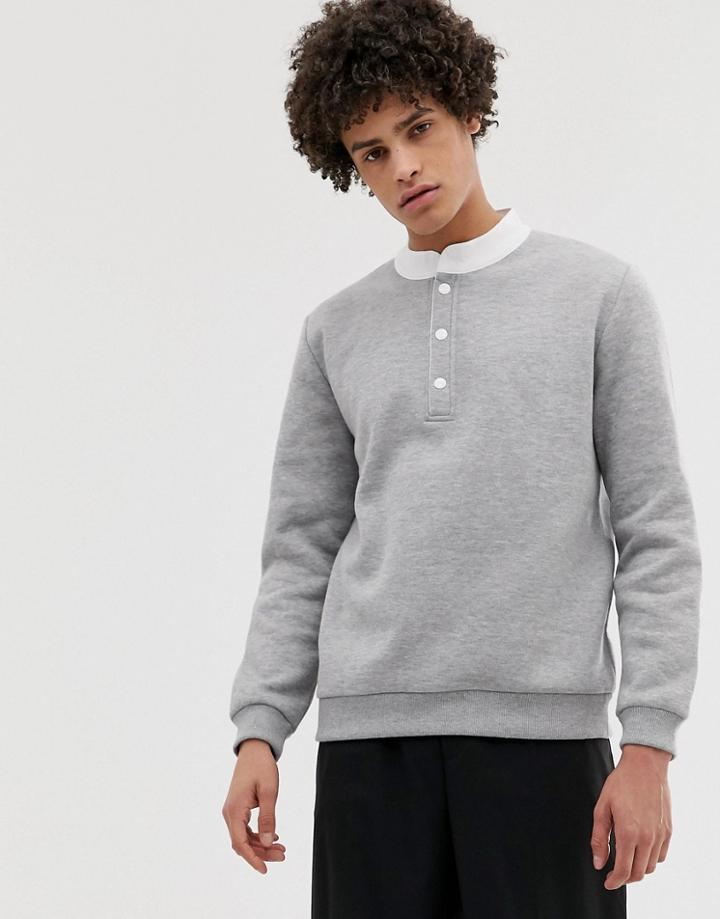 Asos Design Sweatshirt With Grandad Collar In Gray Marl-green