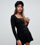 Asos Design Petite Rib Mini Button Through Dress With Pep Hem - Black