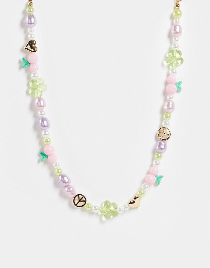 Asos Design Beaded Necklace With Mixed Cute And Cherry Beads-multi