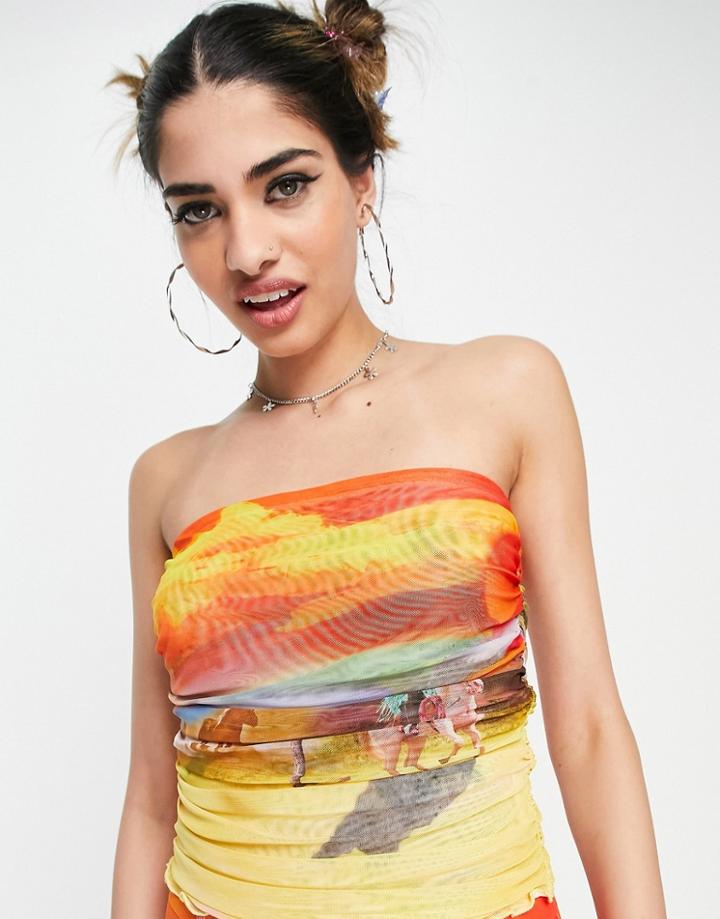 Elsie & Fred Ruched Mesh Lettuce Hem Bandeau Crop Top In Western Print - Part Of A Set-multi