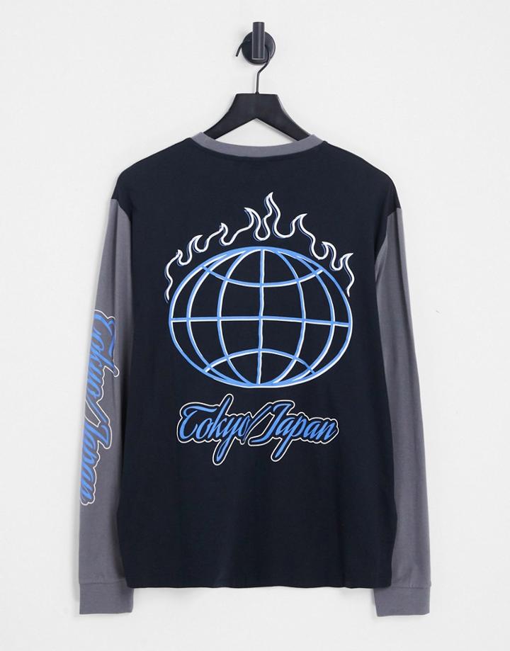 Asos Design Relaxed Long Sleeve T-shirt In Black And Gray Color Block With Tokyo City Print