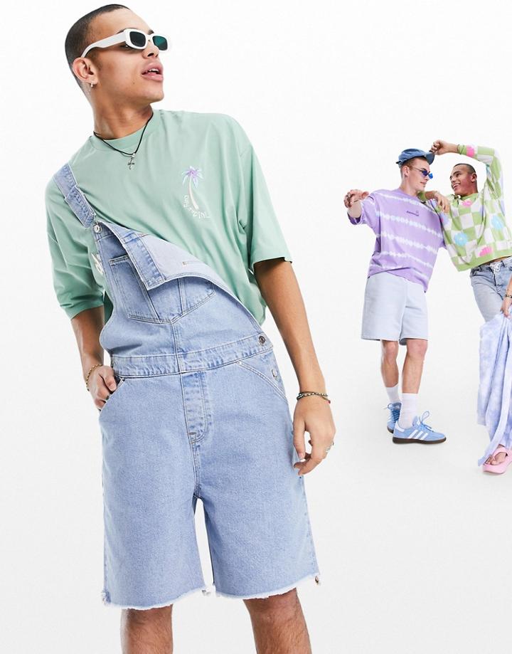 Asos Design Short Denim Overalls In Mid Wash Blue With Wide Leg And Raw Hem-blues
