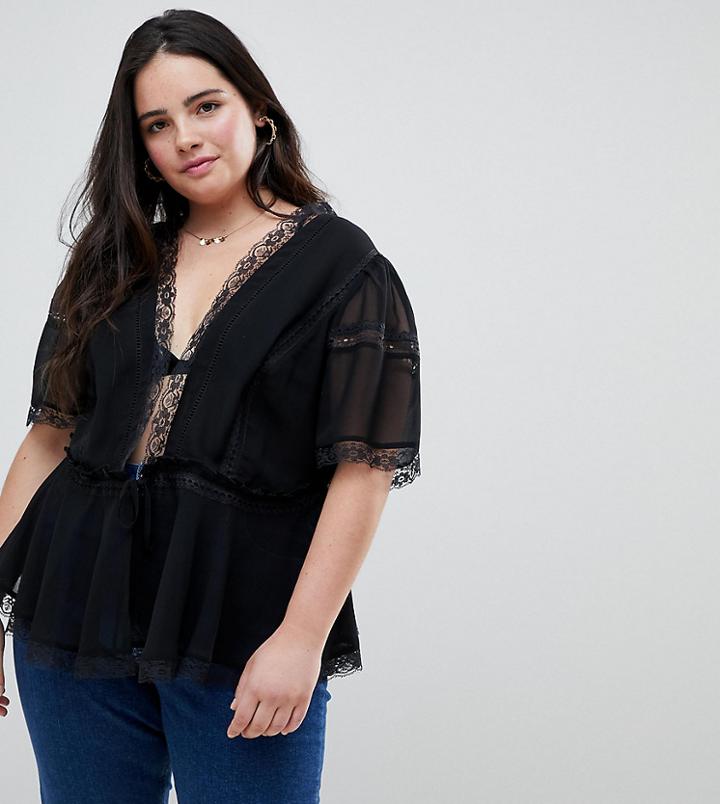 Asos Design Curve Blouse With Lingerie Detail In Black - Black