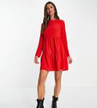 Asos Design Tall Long Sleeve Tiered Smock Mini Dress In Red