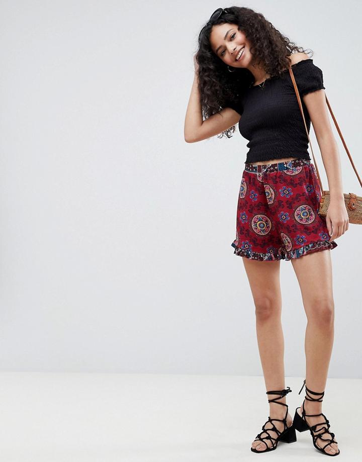 Asos Design Shorts With Frill Hem In Mixed Print - Multi