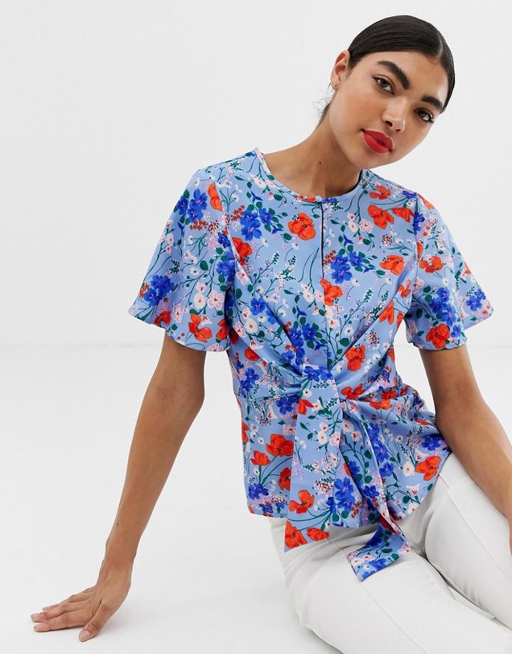 Unique21 Floral Short Sleeve Tie Top - Multi