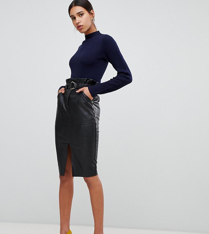 River Island Faux Leather Midi Skirt In Black - Black