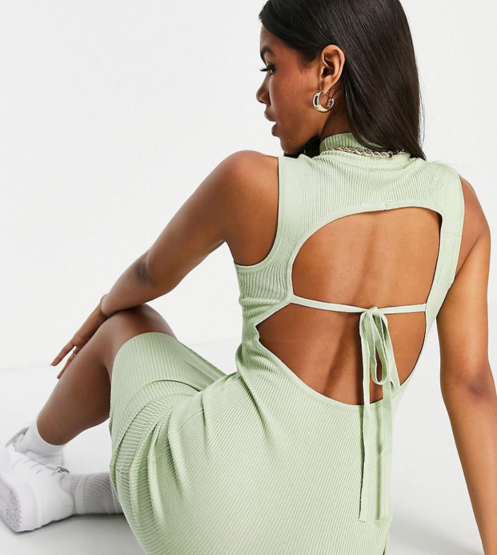 Missguided Ribbed Backless Midi Dress With High Neck In Sage - Part Of A Set-green
