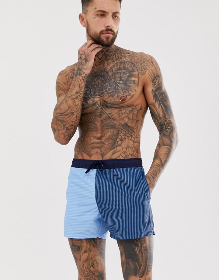 Asos Design Swim Short In Seersucker With Cut And Sew Stripe Short Length - Blue
