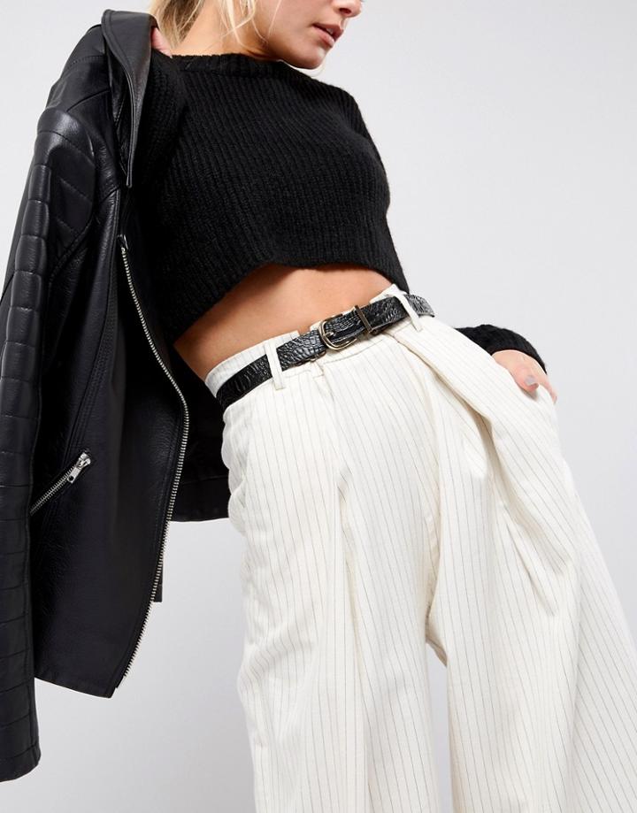 Pieces Croc Effect Belt With Buckle - Black