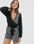 Asos Design Wrap Romper In Mixed Floral And Polka Dot - Multi