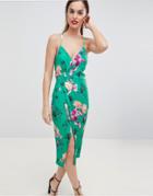 Asos Design Slinky Floral Cami Drape Midi Dress-multi