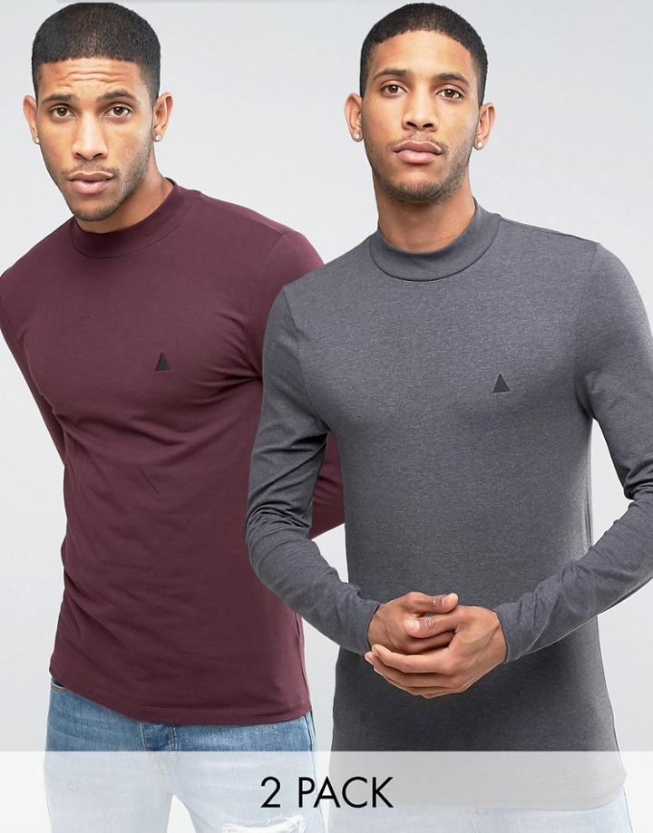Asos Muscle Long Sleeve T-shirt With Turtleneck And Logo 2 Pack - Multi