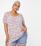 Yours Puff Sleeve Ruched Front Top In White Ditsy Floral-black