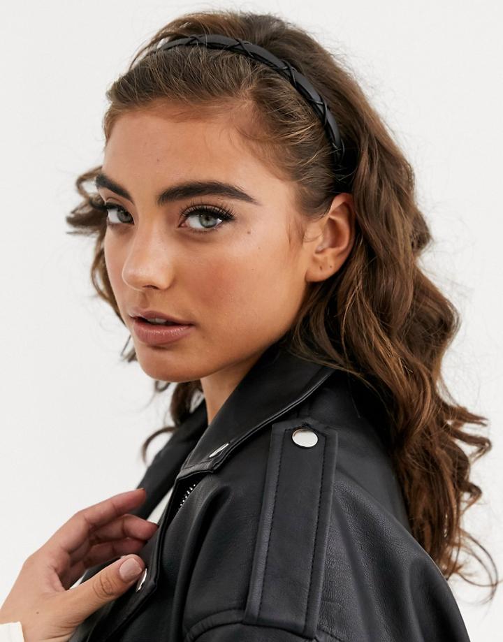 Asos Design Headband In Faux Leather With Braid Detail